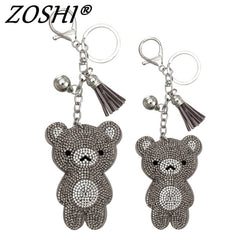 Cute Bear Leather Tassel Keyrings Keychains Full Crystal Rhinestone Beads Silver Car Handbag Pendant Key Chian Ring Holder