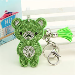 Cute Bear Leather Tassel Keyrings Keychains Full Crystal Rhinestone Beads Silver Car Handbag Pendant Key Chian Ring Holder