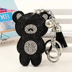 Cute Bear Leather Tassel Keyrings Keychains Full Crystal Rhinestone Beads Silver Car Handbag Pendant Key Chian Ring Holder