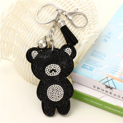 Cute Bear Leather Tassel Keyrings Keychains Full Crystal Rhinestone Beads Silver Car Handbag Pendant Key Chian Ring Holder