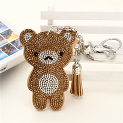 Cute Bear Leather Tassel Keyrings Keychains Full Crystal Rhinestone Beads Silver Car Handbag Pendant Key Chian Ring Holder