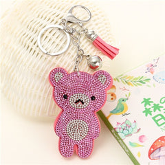 Cute Bear Leather Tassel Keyrings Keychains Full Crystal Rhinestone Beads Silver Car Handbag Pendant Key Chian Ring Holder