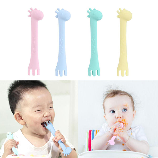 3 in 1 Newborn Baby Silicone Utensils Baby Cartoon Giraffe Teething Fork Spoon Teether Toys Kids Oral Care Accessories